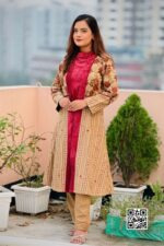 dark beige needle cord screen printed shrug set