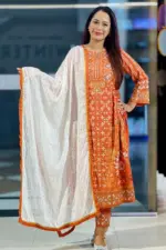orange color screen printed shalwar suit