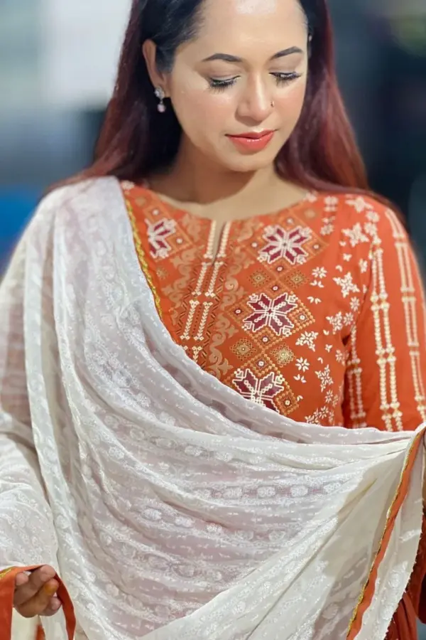 orange color screen printed shalwar suit