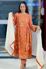 orange color screen printed shalwar suit