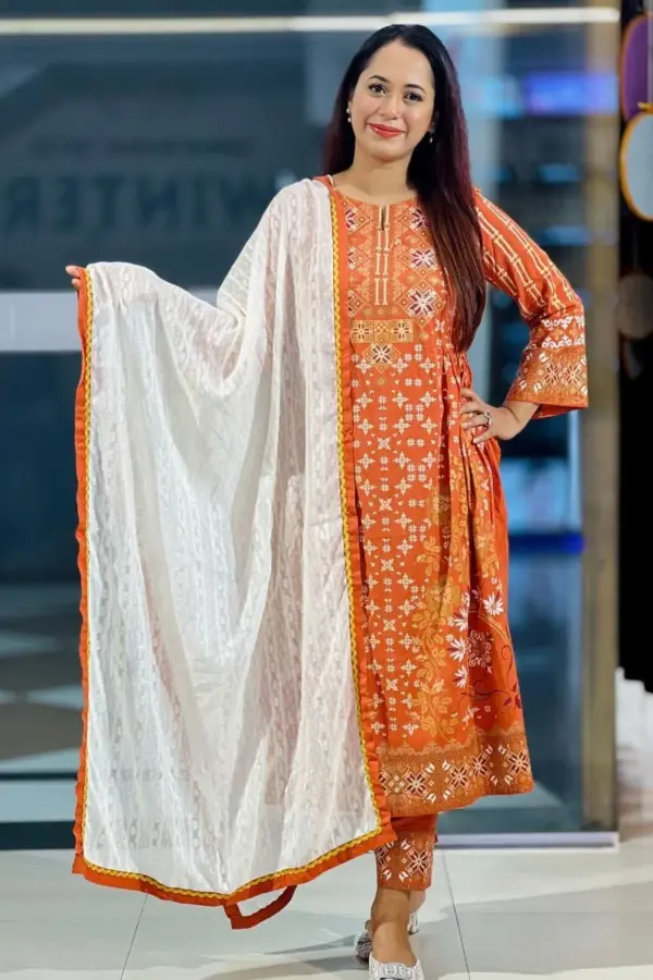 orange color screen printed shalwar suit