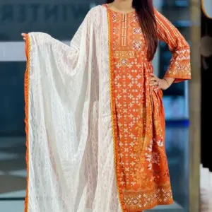 orange color screen printed shalwar suit