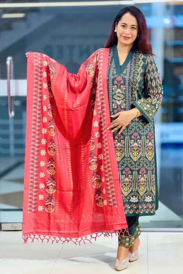 dark bottle green fancy viscose salwar suite with screen print