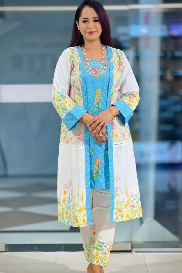 white & sky blue color cotton viscose shrug set