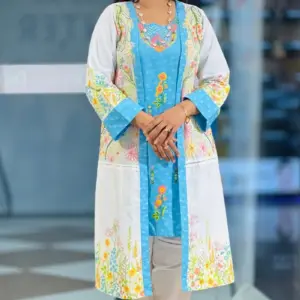 white & sky blue color cotton viscose shrug set