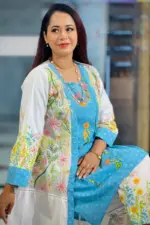 white & sky blue color cotton viscose shrug set