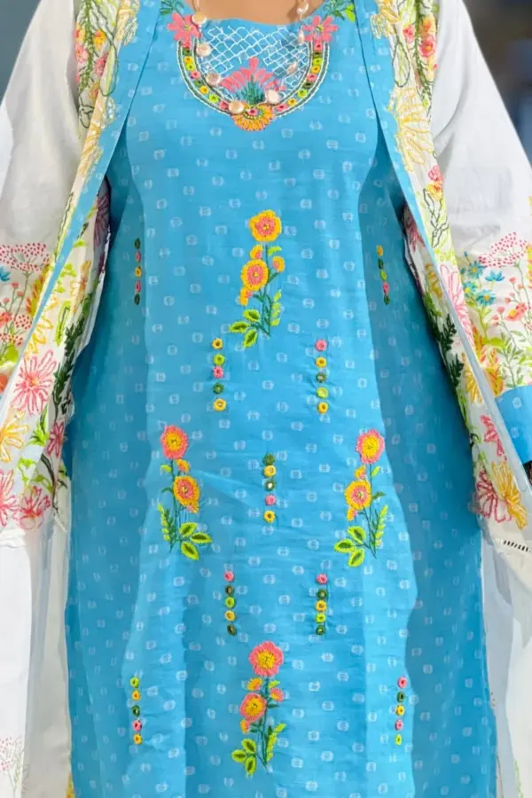 white & sky blue color cotton viscose shrug set