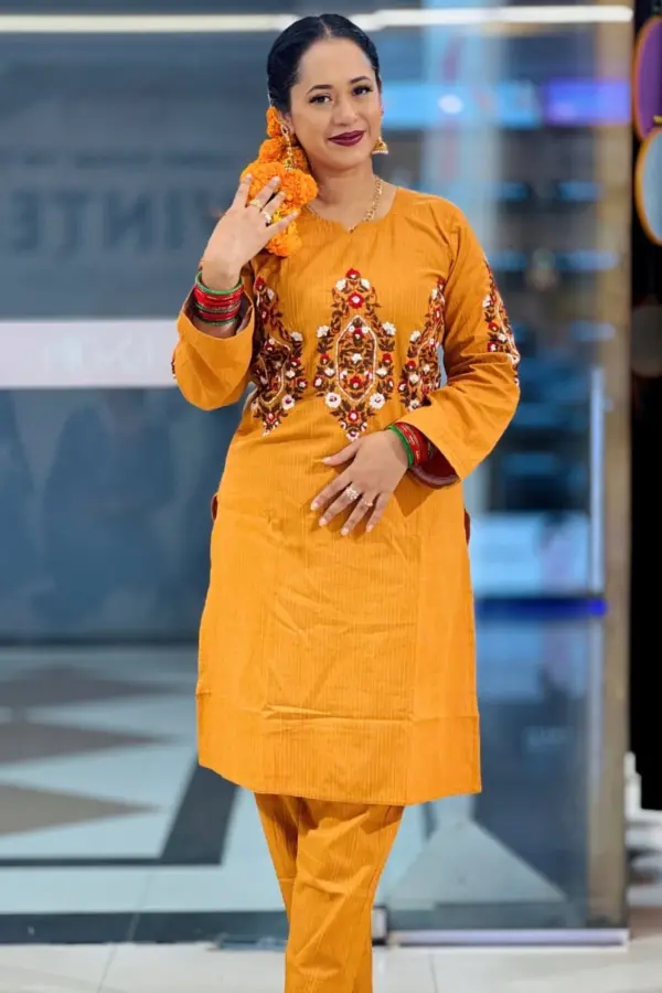 jacquard cotton mustard color hand embroidered co ords