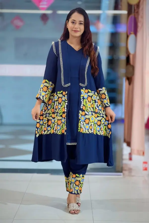 navy blue viscose hand embroidred shrug set