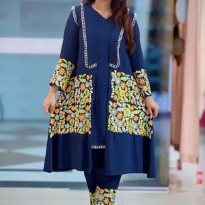 navy blue viscose hand embroidred shrug set