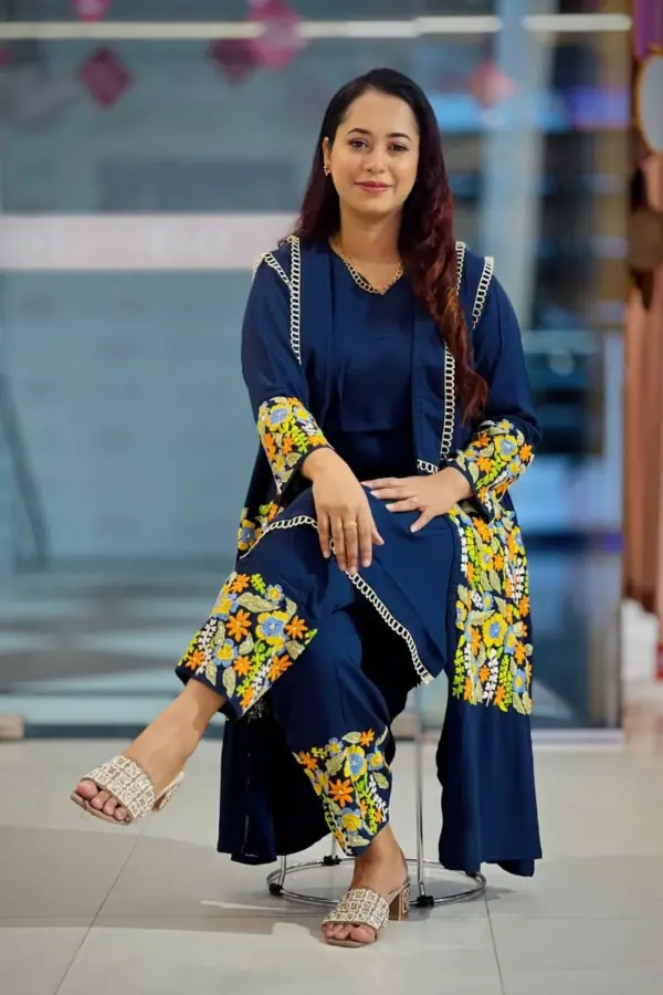 navy blue viscose hand embroidred shrug set