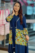 navy blue viscose hand embroidred shrug set