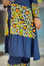 navy blue viscose hand embroidred shrug set