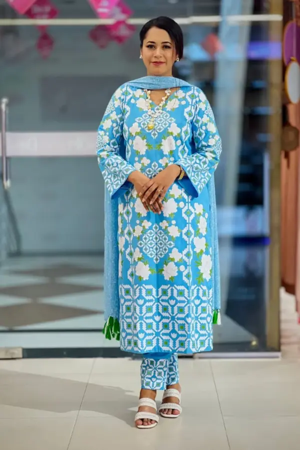 sky blue screen printed salwar suit