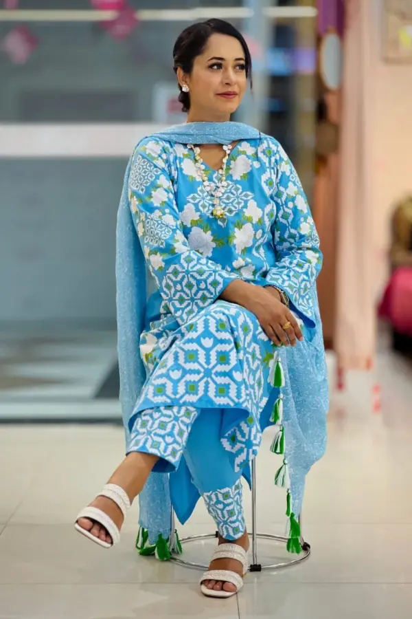 sky blue screen printed salwar suit