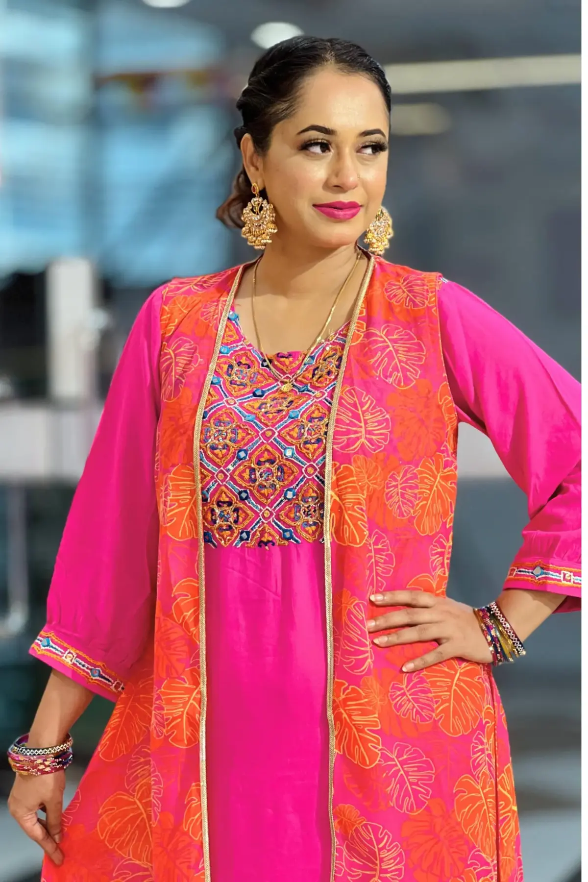 pink viscose & georgette printed shrug set