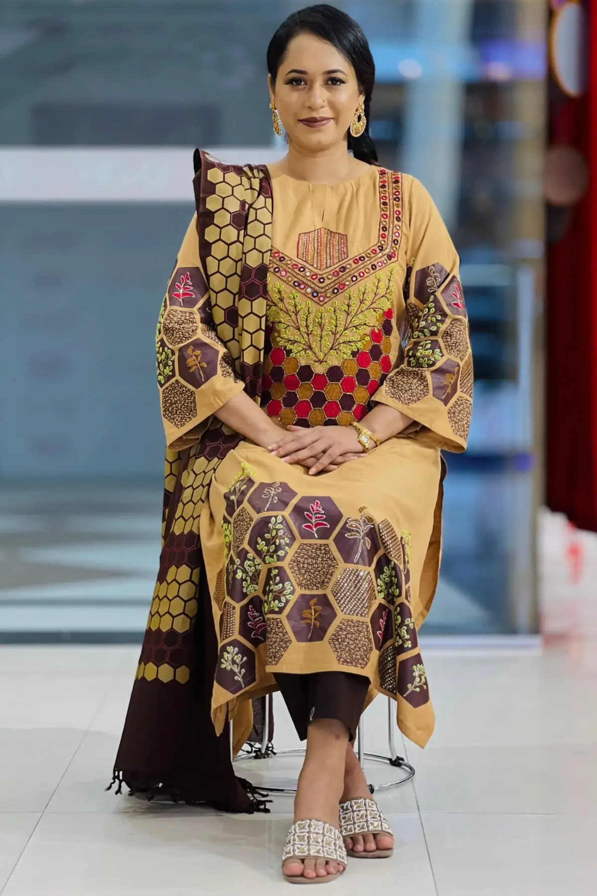 jacquard cotton screen printed & hand embroidered salwar suit