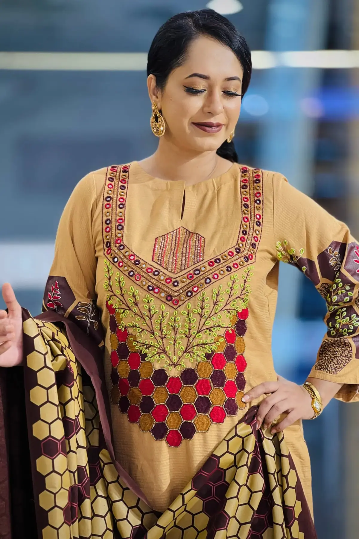 jacquard cotton screen printed & hand embroidered salwar suit