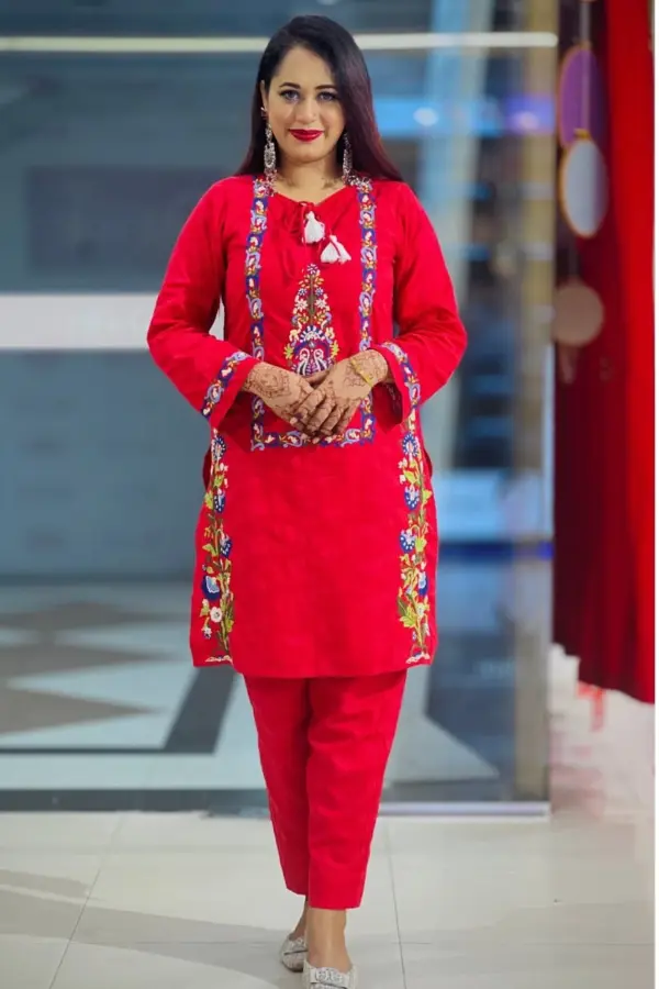 dusty red jacquard cotton hand embroidered co ords