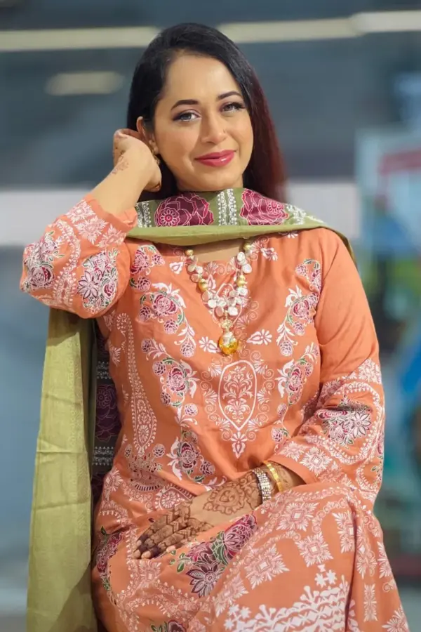 dark peach jacquard screen printed salwar suit