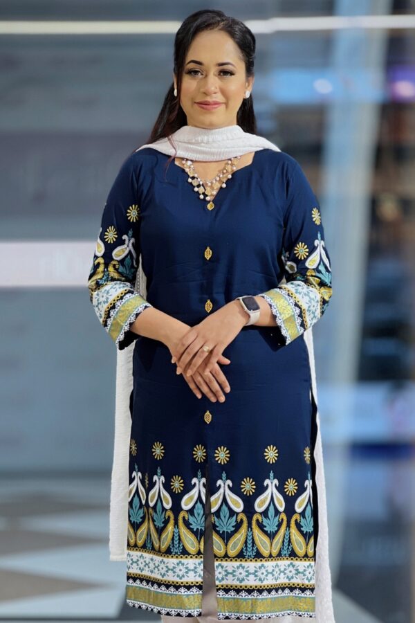 navy blue viscose screen print ed kameez