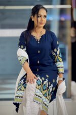 navy blue viscose screen print ed kameez