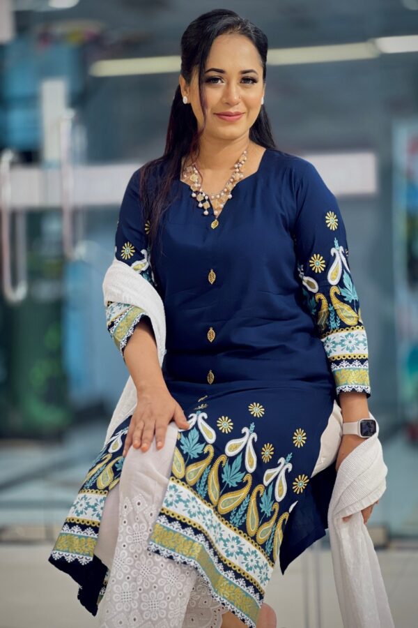 navy blue viscose screen print ed kameez