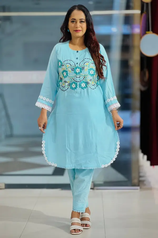 light sky blue cotton jacquard machine embroidered and screen printed co ords