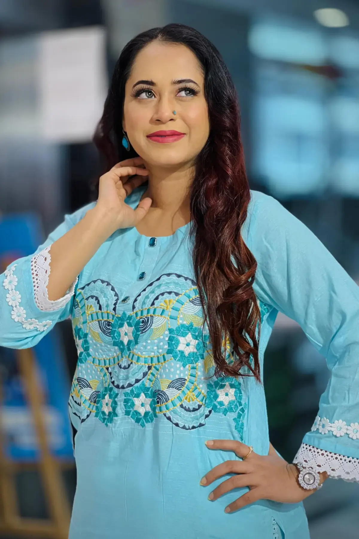 light sky blue cotton jacquard machine embroidered and screen printed co ords
