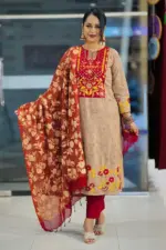 biscuit & maroon color screen printed & hand embroidered salwar suit