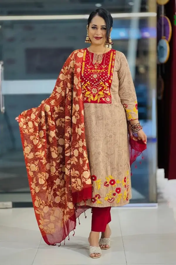 biscuit & maroon color screen printed & hand embroidered salwar suit