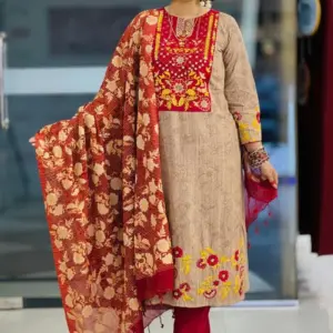 biscuit & maroon color screen printed & hand embroidered salwar suit