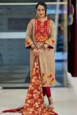 biscuit & maroon color screen printed & hand embroidered salwar suit