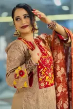 biscuit & maroon color screen printed & hand embroidered salwar suit