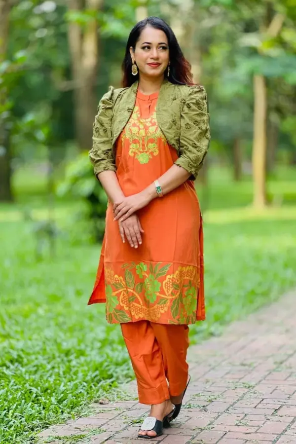 sunset orange & olive viscose chickenkari fabric coaty set
