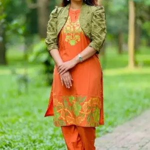 sunset orange & olive viscose chickenkari fabric coaty set