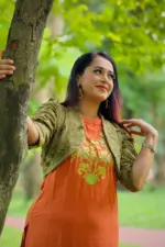 sunset orange & olive viscose chickenkari fabric coaty set