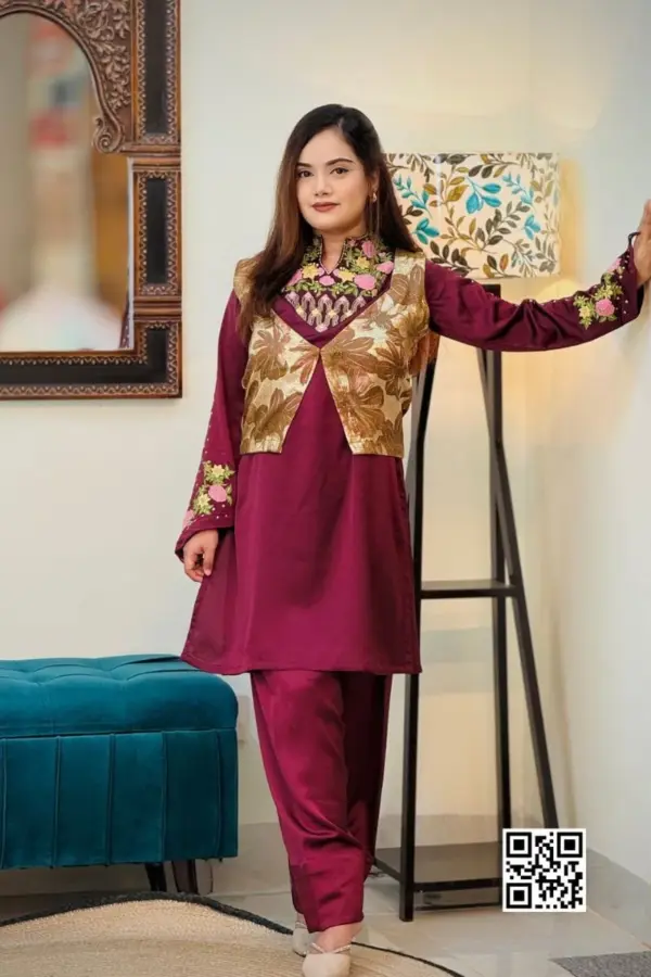 jam colour silk machine embroidered coaty set