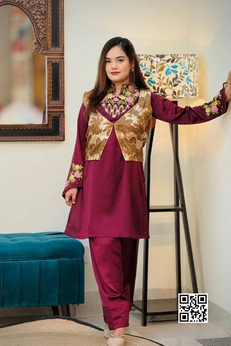 jam colour silk machine embroidered coaty set jam colour silk machine embroidered coaty set