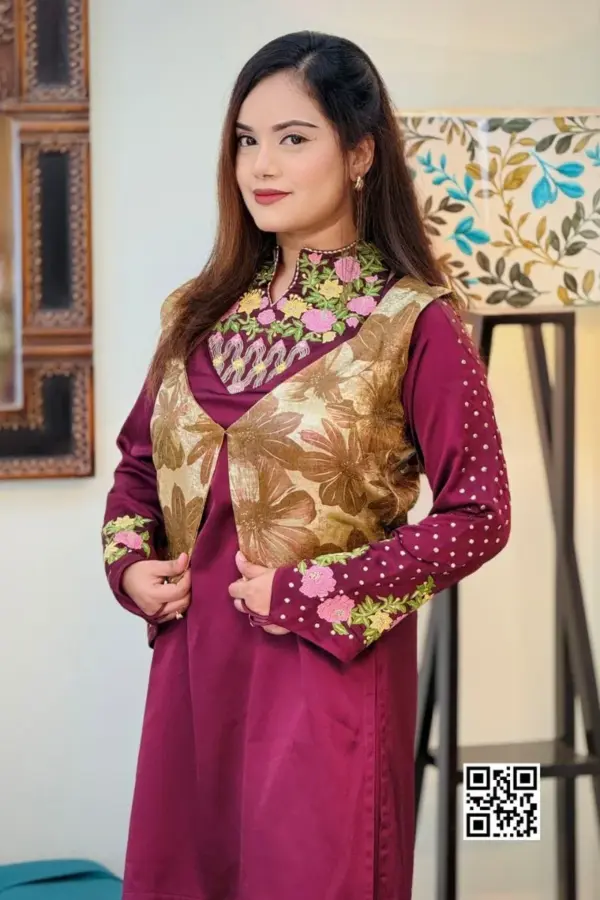 jam colour silk machine embroidered coaty set