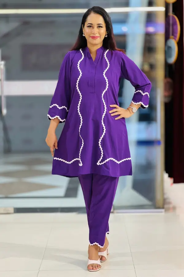 purple micro crepe fabric co ords set