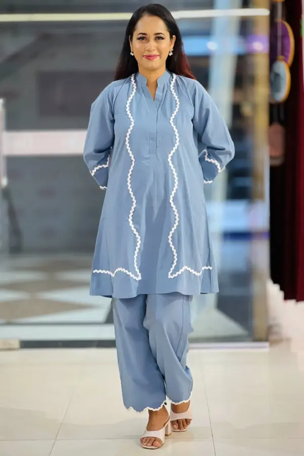 ash blue micro crepe fabric co ords set
