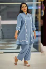 ash blue micro crepe fabric co ords set