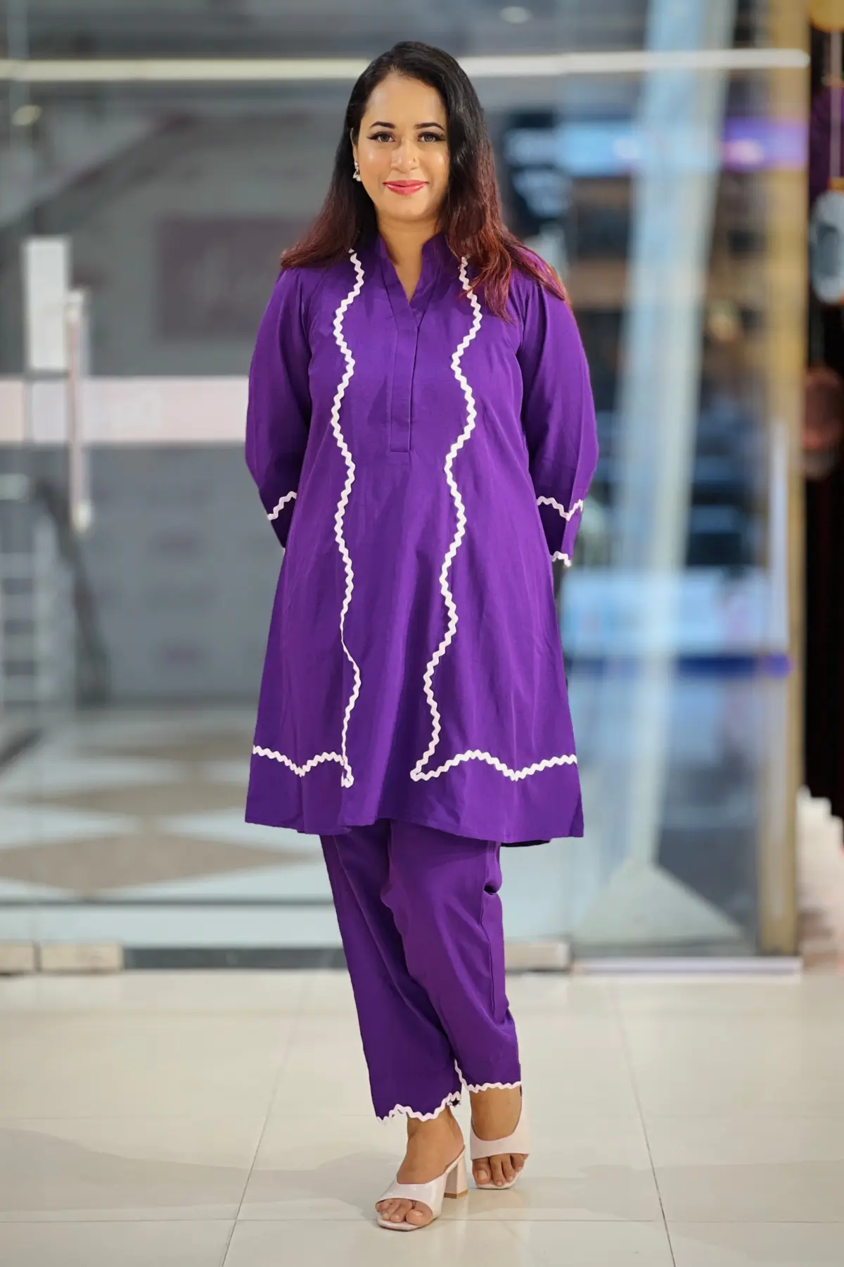 purple micro crepe fabric co ords set
