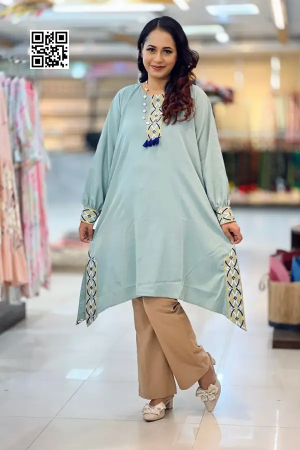 mint color micro crepe fabric screen printed kaftan