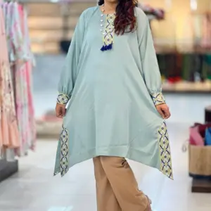 mint color micro crepe fabric screen printed kaftan