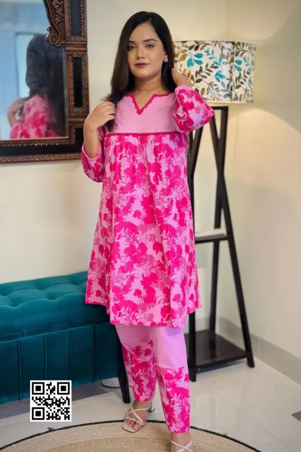 pink color slub cotton screen printed co ords set