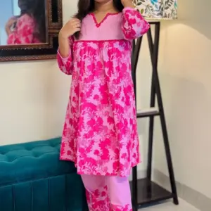 pink color slub cotton screen printed co ords set