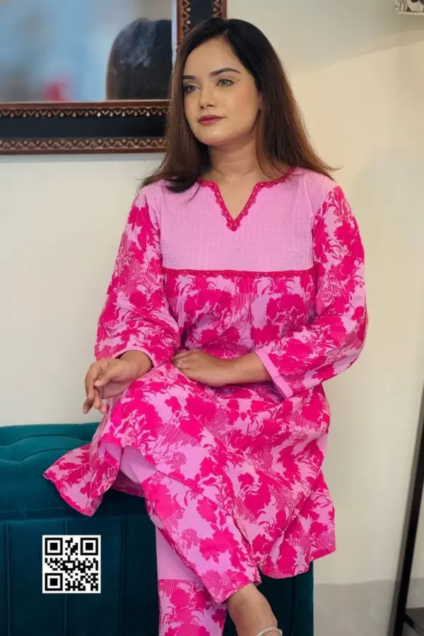 pink color slub cotton screen printed co ords set
