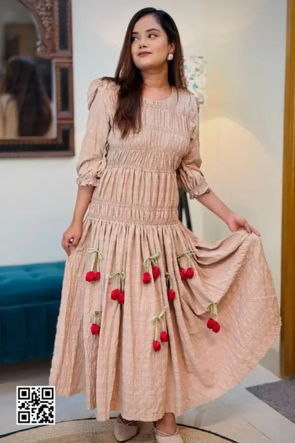 beige color rayon cotton fabric midi